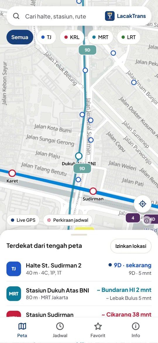 Peta: bus TransJakarta live dan kereta perkiraan di sekitar Dukuh Atas